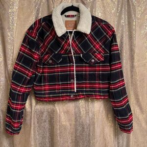 Levi’s Ex Boyfriend Cropped Black Red Plaid Corduroy Sherpa Trucker Jacket Large